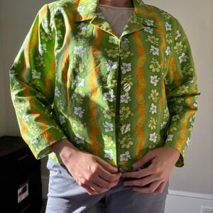 Vintage Cotton Green & Yellow Floral Cropped‎ Cotton Button Down Jacket - Medium